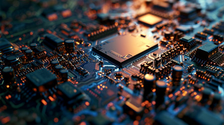 Close up of electronic circuit board. Technology background. 3d renderingの素材