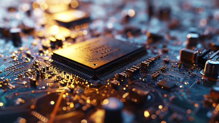 Close-up of electronic circuit board with processor. Technology background.の素材
