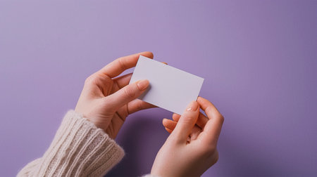 Woman's hands holding a blank business card on a purple background.の素材