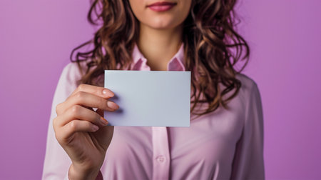 cropped view of businesswoman holding blank business card isolated on violetの素材