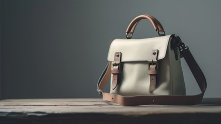 Fashionable women's handbag on a wooden table and gray backgroundの素材