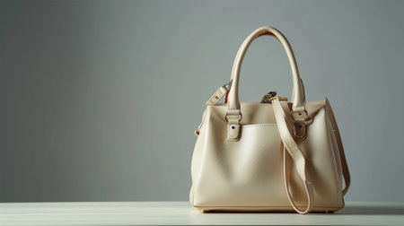 Luxury beige leather female handbag on a gray backgroundの素材
