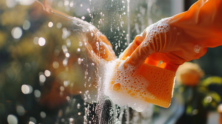Hand in glove washing window pane with sponge and spray detergent.の素材