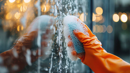 Close-up of female hands in orange gloves washing window with sponge.の素材