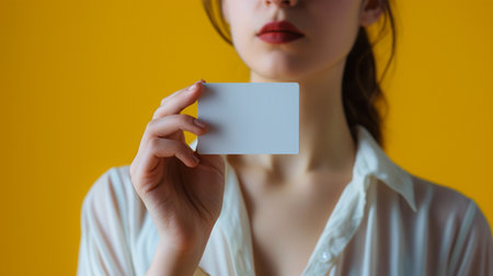 cropped view of woman in white blouse holding business card isolated on yellowの素材