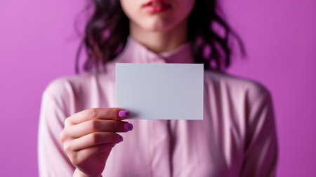 Close-up of business card in woman's hand on purple backgroundの素材