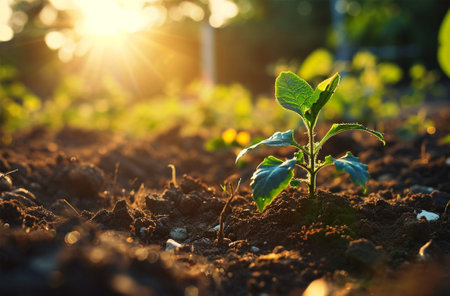 Young green pepper seedling growing in the soil at sunset. Sprouts of pepper.の素材