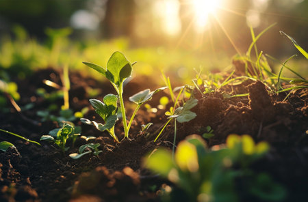 Green seedlings growing on fertile soil in morning sunlight. Agriculture conceptの素材