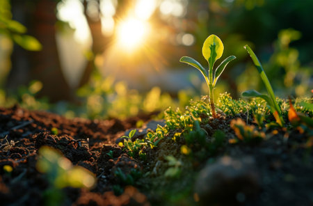 Green seedling growing from seed in the morning light. Ecology conceptの素材