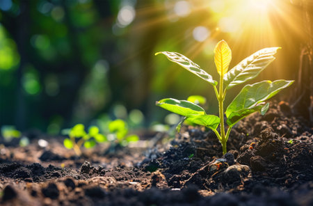 Green seedling growing from seed in the morning sunlight. Gardening concept.の素材
