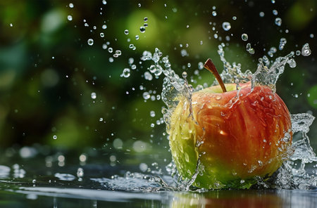 Water splashes on red apple with drops of water flying in the airの素材
