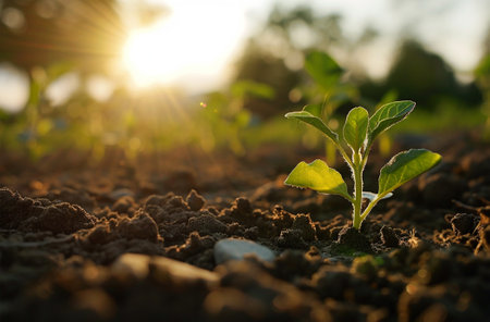 Young seedlings of cucumbers growing in the soil at sunset.の素材