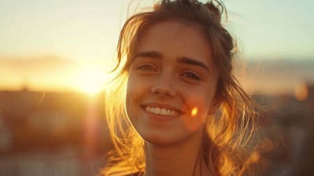 Portrait of a beautiful girl on the background of the setting sunの素材