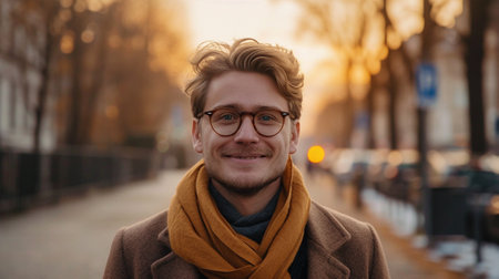 Portrait of a handsome young man with glasses and a scarf in the city.の素材