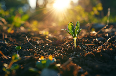 Green sprout in the sun. Sprouts of young plants in the rays of the setting sun.の素材