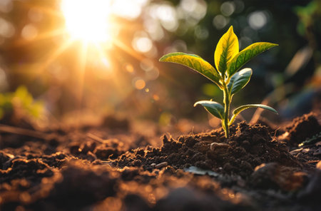 Green sprout growing from soil in morning light. Nature background.の素材