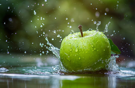 Green apple falling into the water with splashes and drops of waterの素材