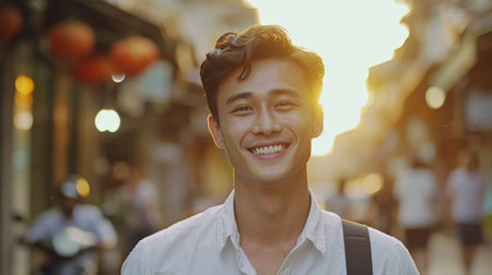 Portrait of a smiling young man walking in the street at sunsetの素材