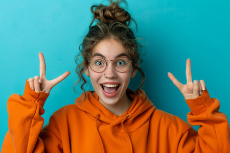 Portrait of a beautiful young girl in an orange hoodie on a blue backgroundの素材