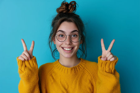 Portrait of a beautiful young woman in yellow sweater on blue backgroundの素材