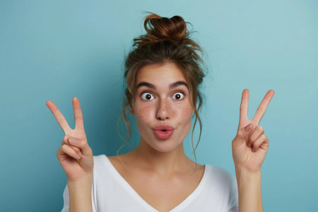 Close up portrait of a beautiful young woman showing peace sign and looking at camera isolated over blue backgroundの素材