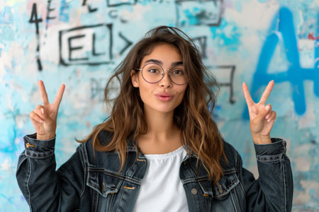 Beautiful young woman in jeans jacket and eyeglasses showing peace sign on graffiti backgroundの素材