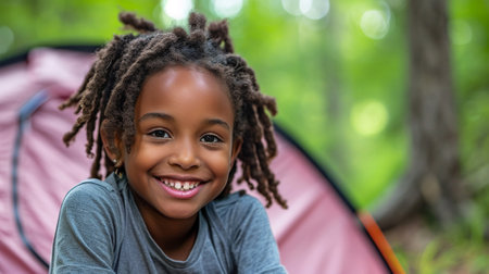 Portrait of smiling african american girl sitting near tent in forestの素材