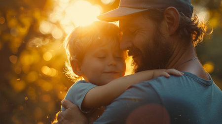 Father and son hugging in the park at sunset. Happy family.の素材