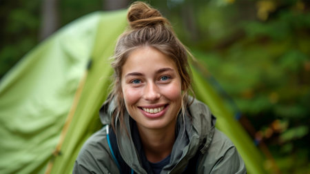 Portrait of a smiling young woman standing near her tent in the forestの素材