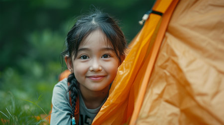 Happy asian little girl sitting in camping tent and looking at cameraの素材