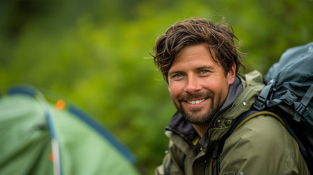 Portrait of smiling man with backpack standing in front of camping tentの素材