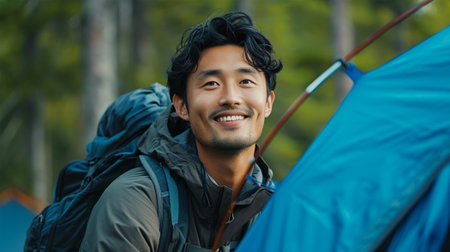 young asian backpacker smiling and looking at camera near tent in forestの素材