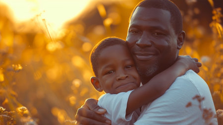 Happy African American father with his son in the field at sunset.の素材