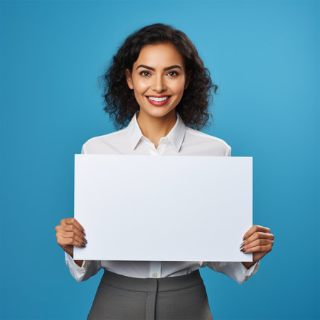 business, advertisement and people concept - smiling businesswoman with blank white board over blue backgroundの素材