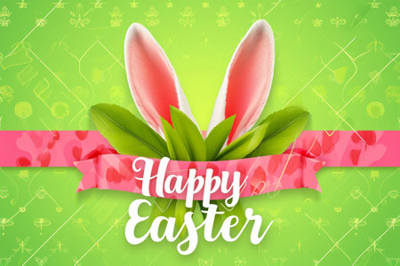 Happy Easter greeting card with bunny ears on green background. Vector illustration.の素材
