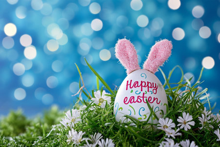 Easter egg with bunny ears on green grass and blue bokeh backgroundの素材