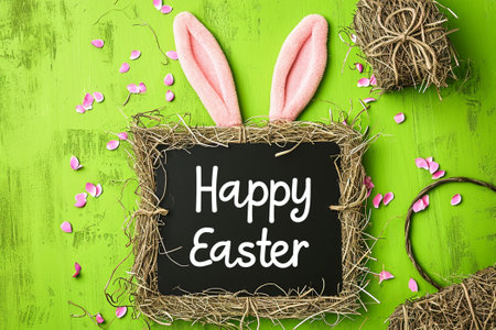 Happy Easter. Greeting Card With Easter Bunny Ears, Blackboard With English Text Happy Easterの素材