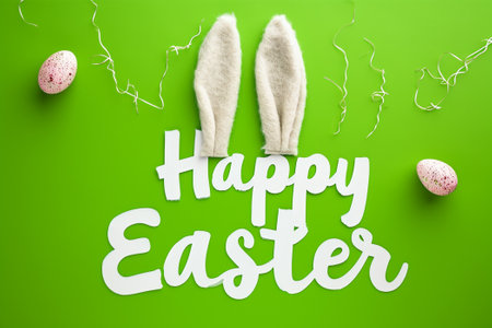 Happy Easter greeting card with white bunny ears and eggs on green backgroundの素材