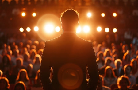 Silhouette of a man standing in front of a crowd at a concertの素材