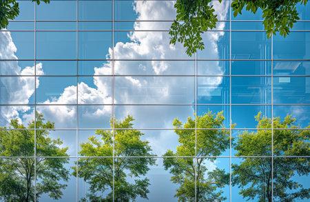 Reflection of modern building in glass wall with green tree and blue skyの素材
