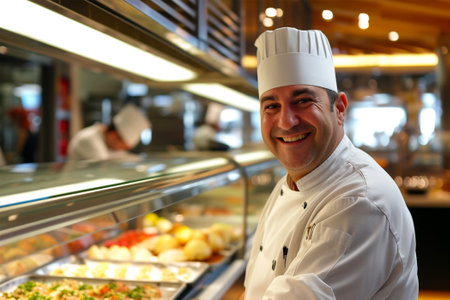 Portrait of a smiling male chef standing in front of a counter in a restaurantの素材