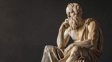 Statue of a man smoking a pipe on a dark background.の素材