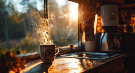 Cup of coffee on the windowsill of a camper.の素材