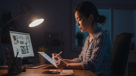 young asian woman using tablet computer at night in office. business and technology conceptの素材
