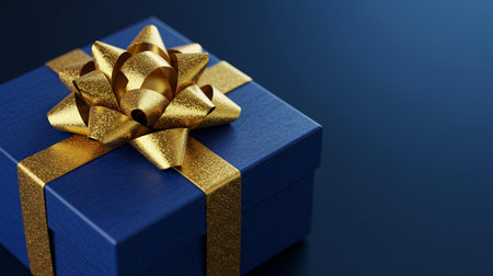 Blue gift box with gold bow on dark blue background, closeupの素材
