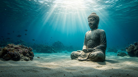 Buddha statue in the sea with sun rays and coralsの素材