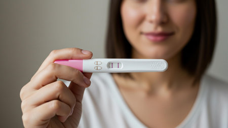 Positive pregnancy test in the hands of a smiling young woman.の素材