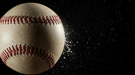 Close up of a baseball against a black background with copy space.の素材