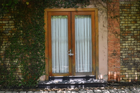 brick window with green vines in countryside of vietnamの写真素材