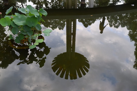 column in turtle pond reflect on water, ho chi minh city, vietnamの写真素材